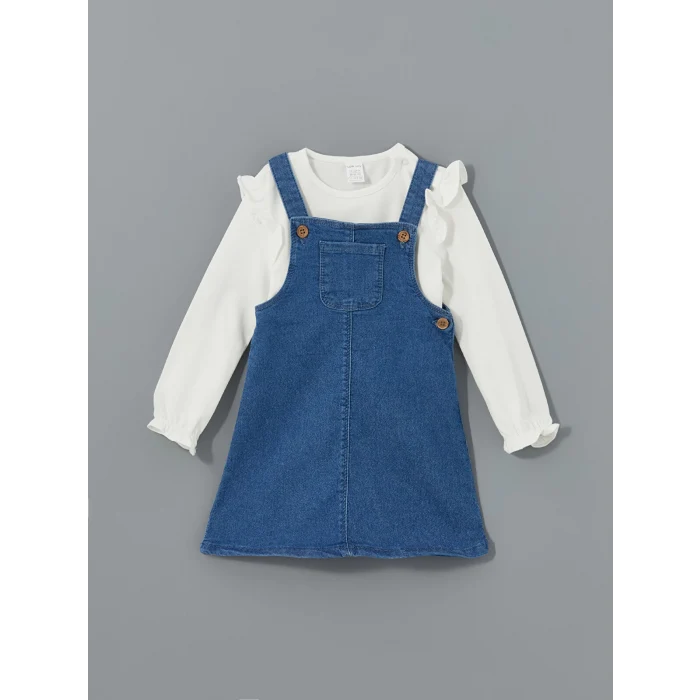 LCW baby İNDİGO Kare Yaka Kız Bebek Jean Salopet Elbise ve Tişört Takım