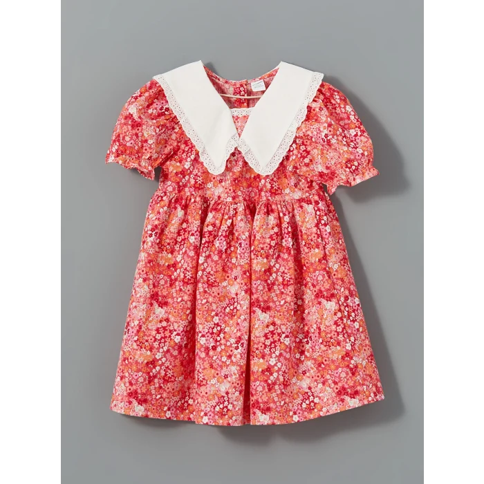 LCW Kids KIRMIZI Çiçekli Keten Karışımlı Kız Çocuk Elbise