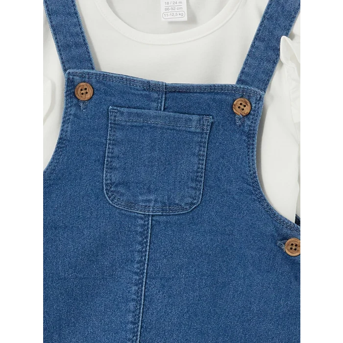 LCW baby İNDİGO Kare Yaka Kız Bebek Jean Salopet Elbise ve Tişört Takım