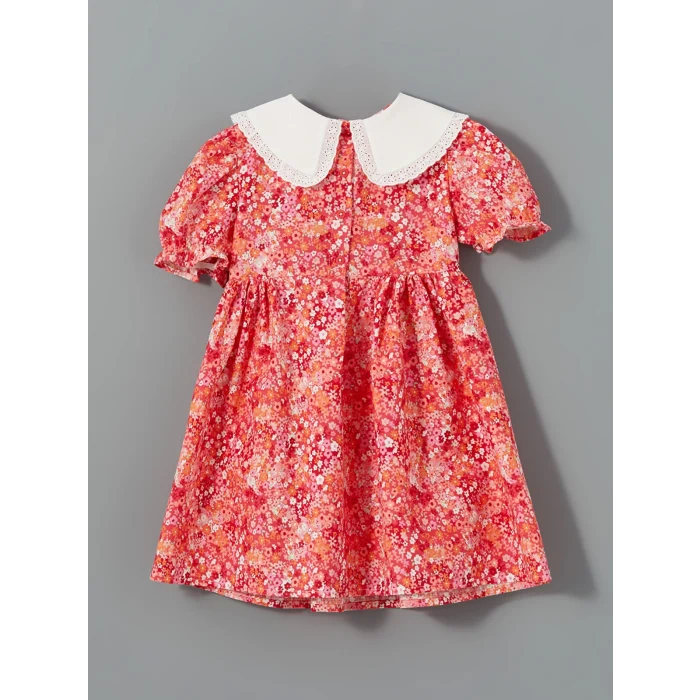 LCW Kids KIRMIZI Çiçekli Keten Karışımlı Kız Çocuk Elbise