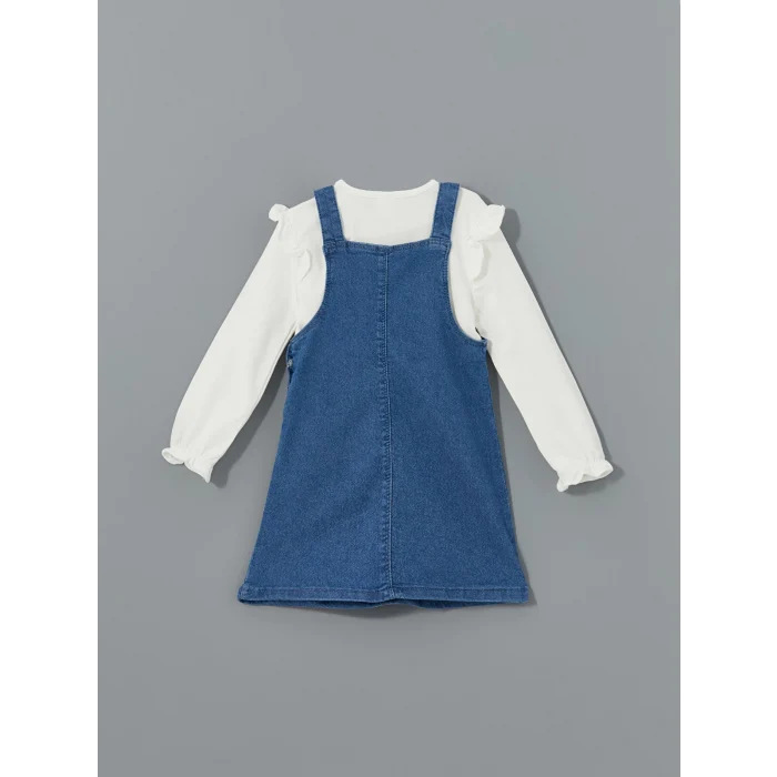 LCW baby İNDİGO Kare Yaka Kız Bebek Jean Salopet Elbise ve Tişört Takım
