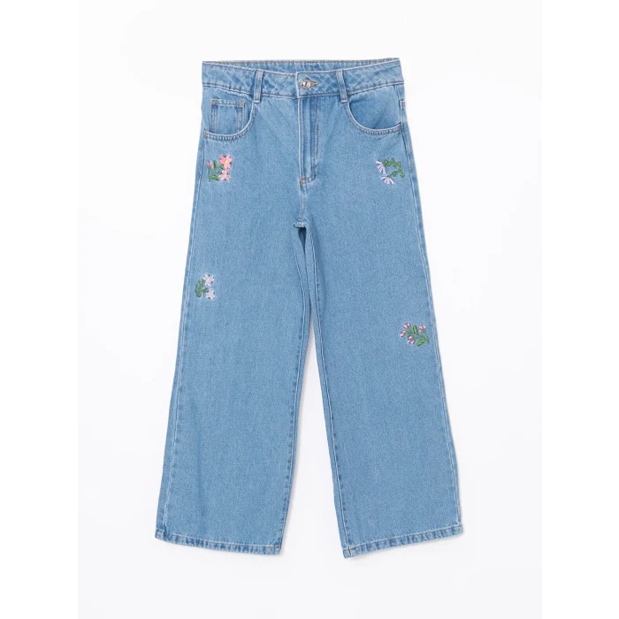 LCW Kids MAVİ Beli Ayarlanabilir Lastikli Çiçekli Kız Çocuk Jean Pantolon