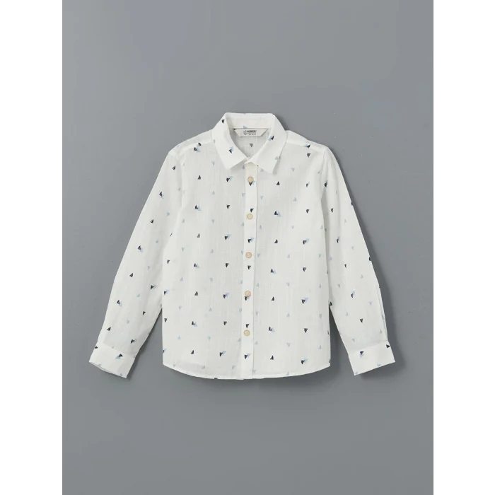 LCW Kids BEYAZ Baskılı Uzun Kollu Erkek Çocuk Gömlek