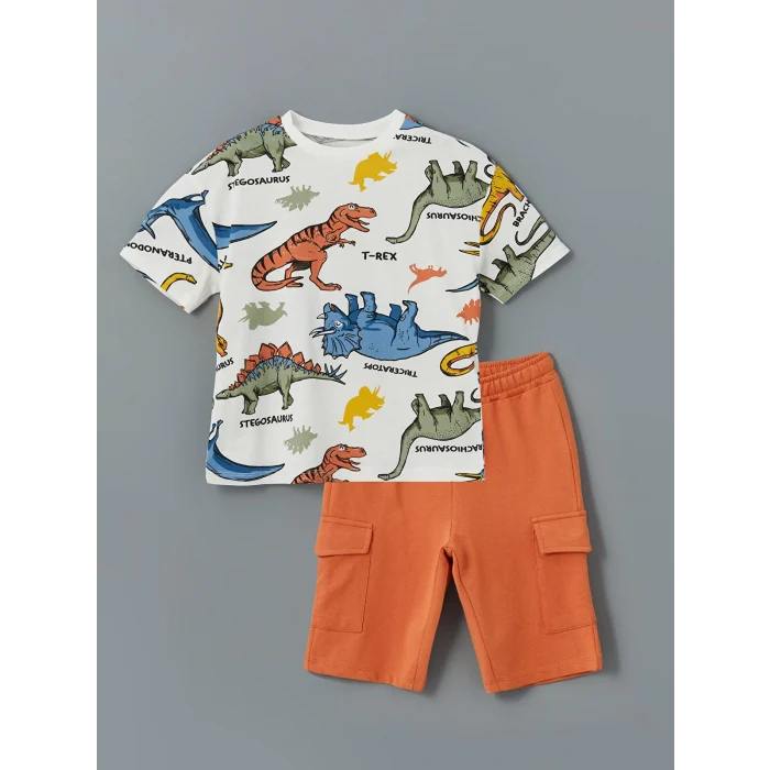 LCW Kids EKRU Bisiklet Yaka Baskılı Erkek Çocuk Tişört ve Şort 2li