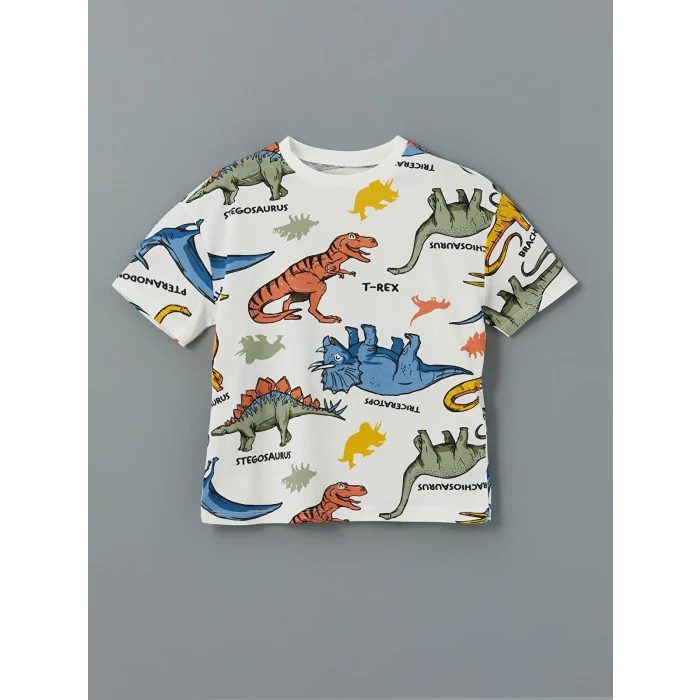 LCW Kids EKRU Bisiklet Yaka Baskılı Erkek Çocuk Tişört ve Şort 2li