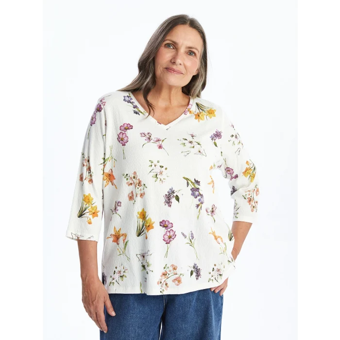 LCW Grace EKRU V Yaka Desenli Kadın Bluz