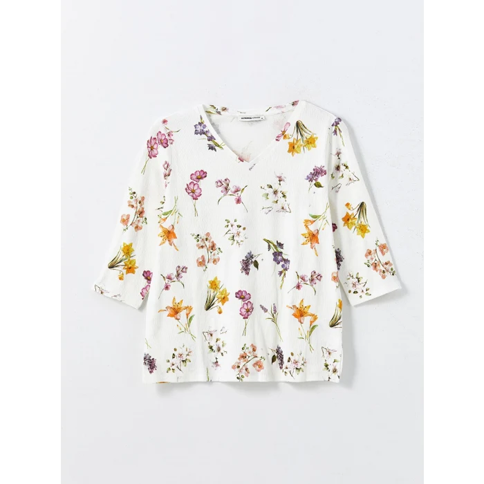 LCW Grace EKRU V Yaka Desenli Kadın Bluz