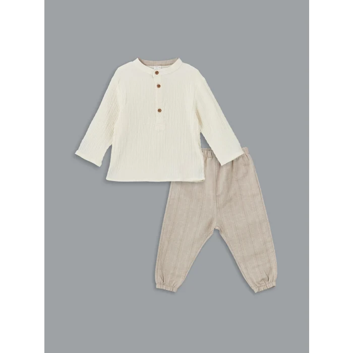 LCW baby EKRU Hakim Yaka Erkek Bebek Tişört ve Pantolon 2li