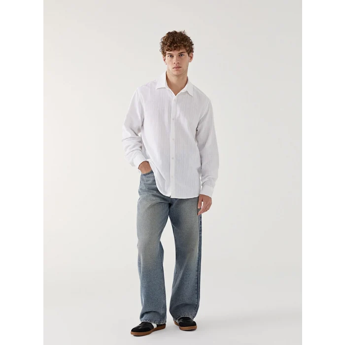 XSIDE BEYAZ Regular Fit Uzun Kollu Armürlü Erkek Gömlek