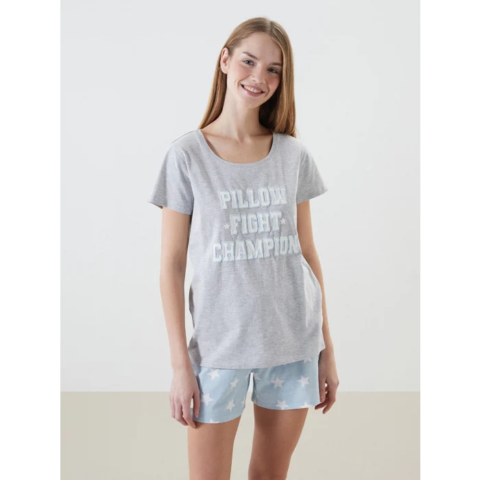 LCW DREAM MAVİ Bisiklet Yaka Baskılı Kadın Şortlu Pijama Takımı