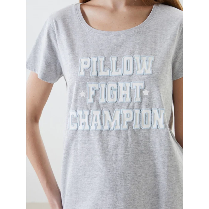 LCW DREAM MAVİ Bisiklet Yaka Baskılı Kadın Şortlu Pijama Takımı