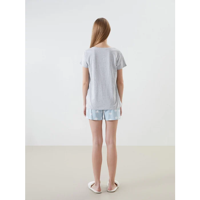 LCW DREAM MAVİ Bisiklet Yaka Baskılı Kadın Şortlu Pijama Takımı