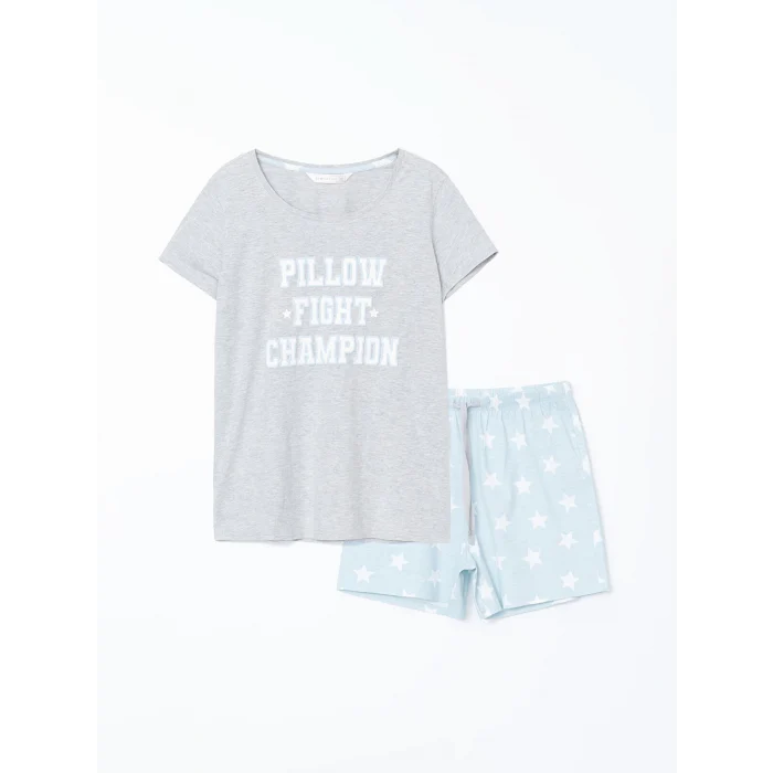LCW DREAM MAVİ Bisiklet Yaka Baskılı Kadın Şortlu Pijama Takımı