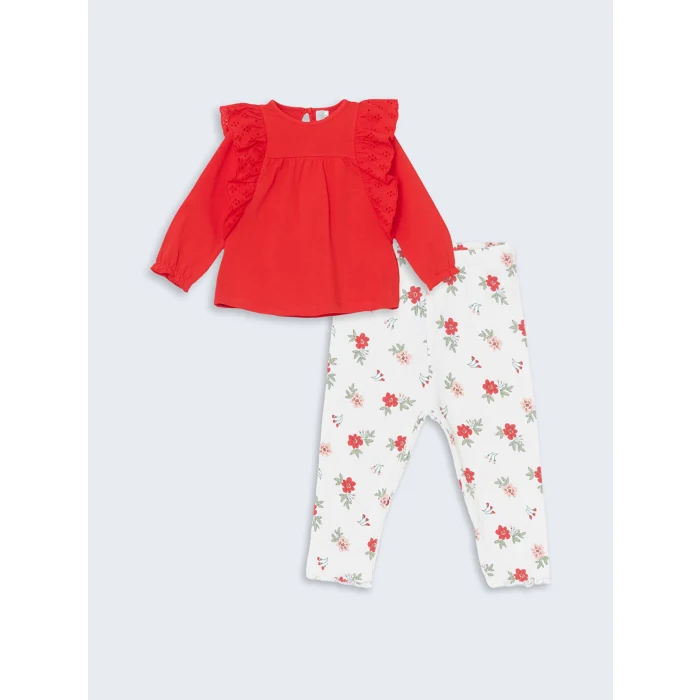 LCW baby KIRMIZI Bisiklet Yaka Çiçekli Kız Bebek Bluz ve Tayt 2li