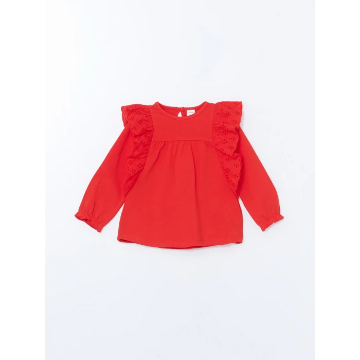 LCW baby KIRMIZI Bisiklet Yaka Çiçekli Kız Bebek Bluz ve Tayt 2li