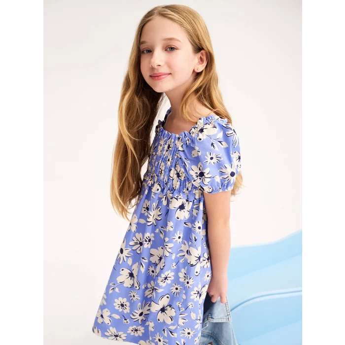 LCW Kids MAVİ Kare Yaka Çiçekli Kız Çocuk Elbise