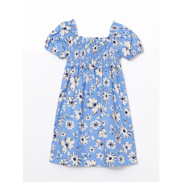 LCW Kids MAVİ Kare Yaka Çiçekli Kız Çocuk Elbise