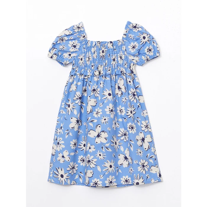 LCW Kids MAVİ Kare Yaka Çiçekli Kız Çocuk Elbise