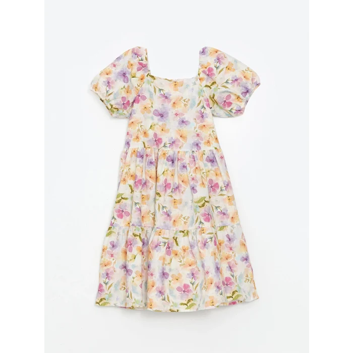 LCW Kids EKRU Kare Yaka Çiçekli Kız Çocuk Elbise