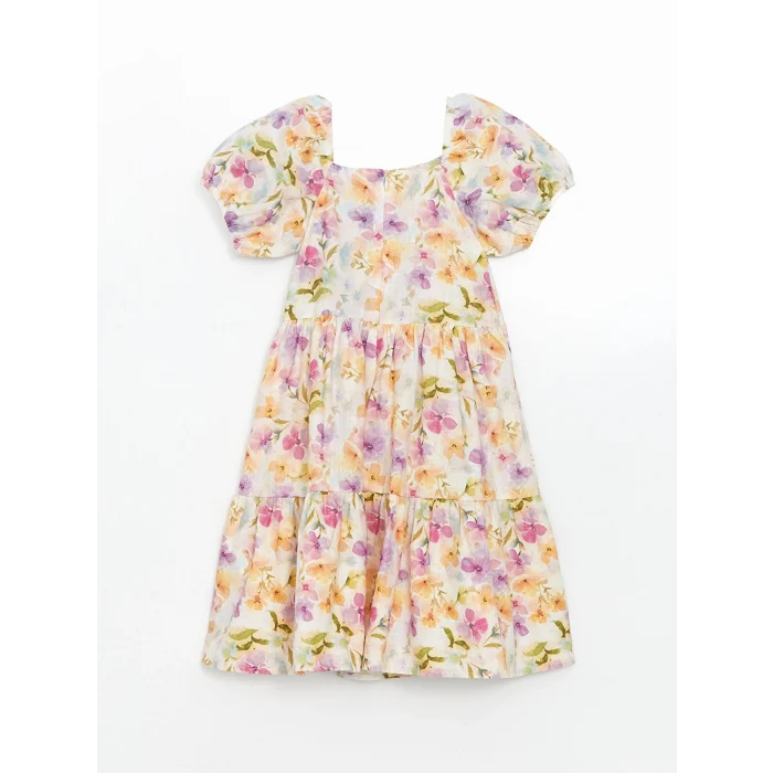 LCW Kids EKRU Kare Yaka Çiçekli Kız Çocuk Elbise