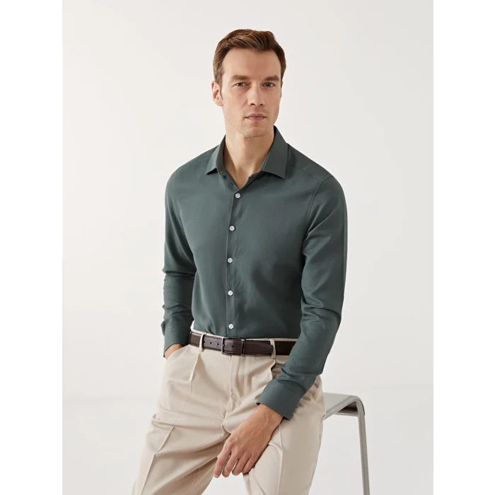 LCWAIKIKI Formal YEŞİL Slim Fit Uzun Kollu Armürlü Erkek Gömlek