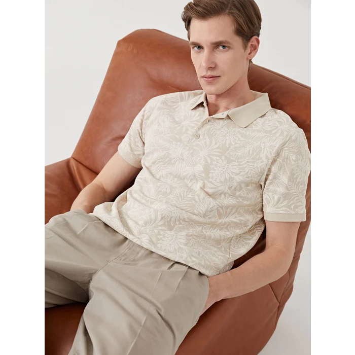 LCWAIKIKI Classic BEJ Polo Yaka Kısa Kollu Desenli Pike Erkek Tişört