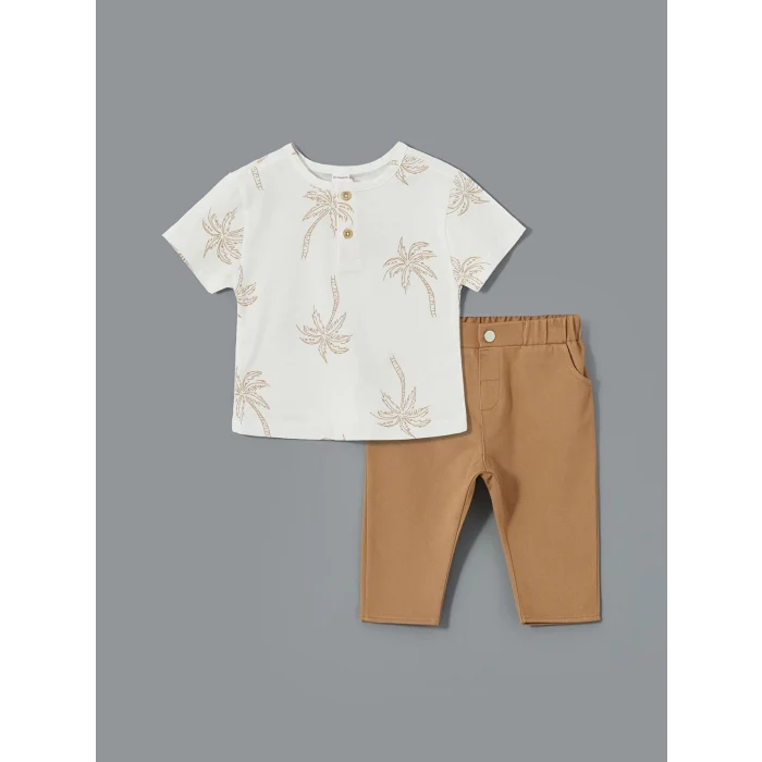 LCW baby EKRU Bisiklet Yaka Baskılı Erkek Bebek Tişört ve Pantolon 2li Takım