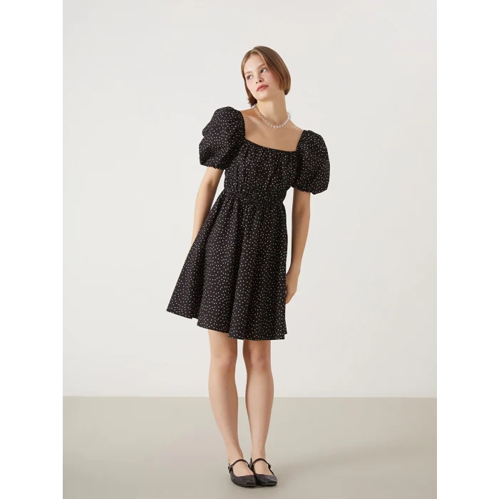 XSIDE SİYAH Kare Yaka Puantiyeli Poplin Kadın Elbise