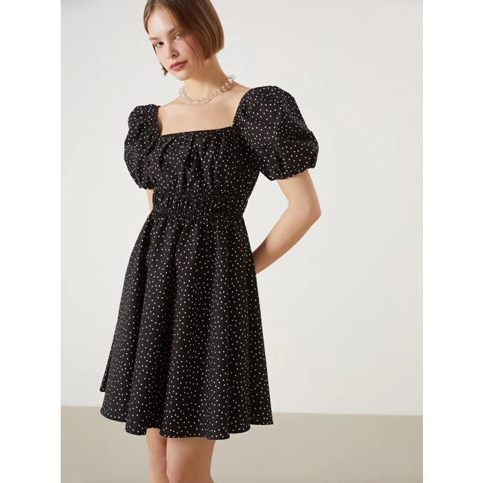 XSIDE SİYAH Kare Yaka Puantiyeli Poplin Kadın Elbise