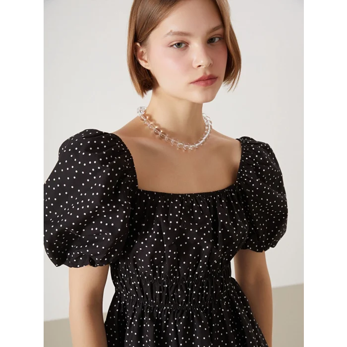 XSIDE SİYAH Kare Yaka Puantiyeli Poplin Kadın Elbise