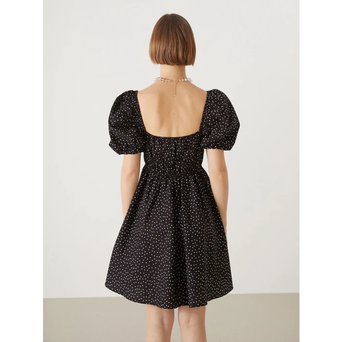 XSIDE SİYAH Kare Yaka Puantiyeli Poplin Kadın Elbise