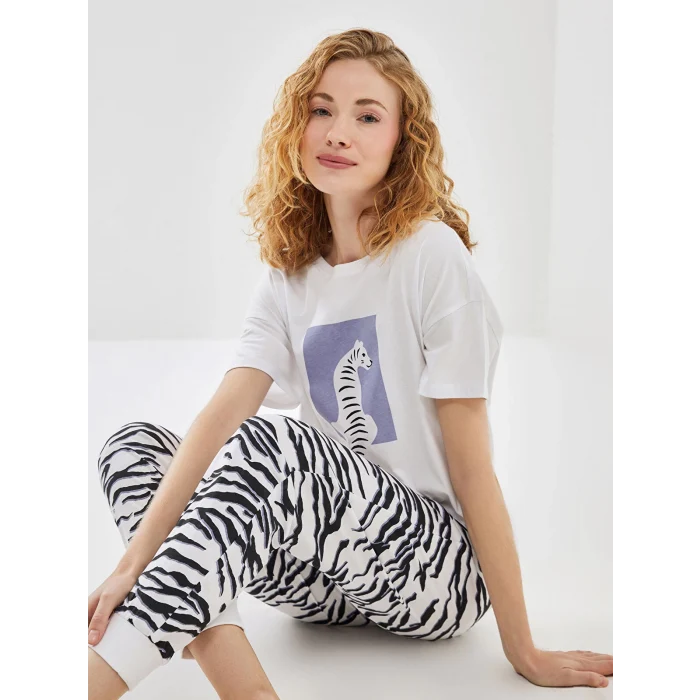 LCW DREAM BEYAZ Bisiklet Yaka Baskılı Kadın Pijama Takımı