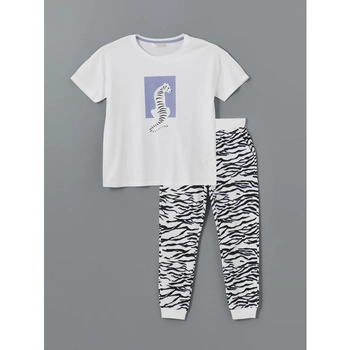 LCW DREAM BEYAZ Bisiklet Yaka Baskılı Kadın Pijama Takımı