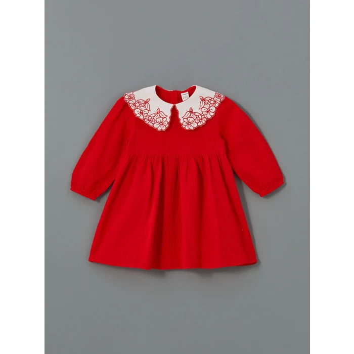 LCW Kids KIRMIZI Bebe Yaka Kız Çocuk Müslin Elbise