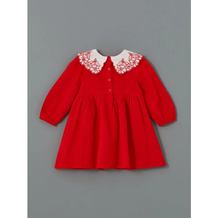 LCW Kids KIRMIZI Bebe Yaka Kız Çocuk Müslin Elbise