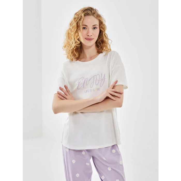 LCW Young LİLA Bisiklet Yaka Baskılı Kadın Pijama Takımı