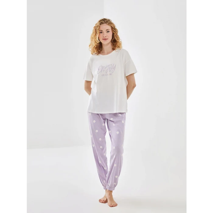 LCW Young LİLA Bisiklet Yaka Baskılı Kadın Pijama Takımı