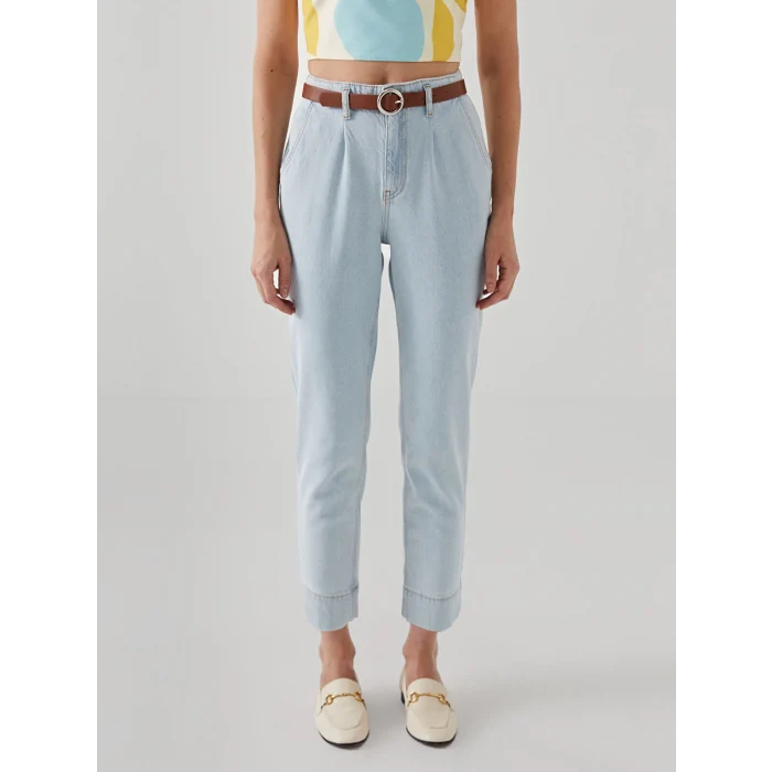 LCW Jeans İNDİGO Beli Kemerli Mom Fit Kadın Jean Pantolon