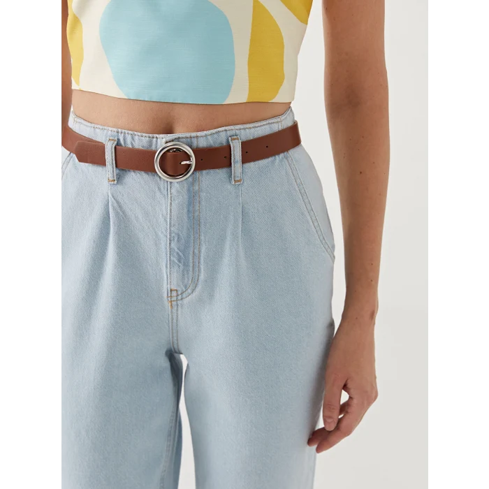 LCW Jeans İNDİGO Beli Kemerli Mom Fit Kadın Jean Pantolon