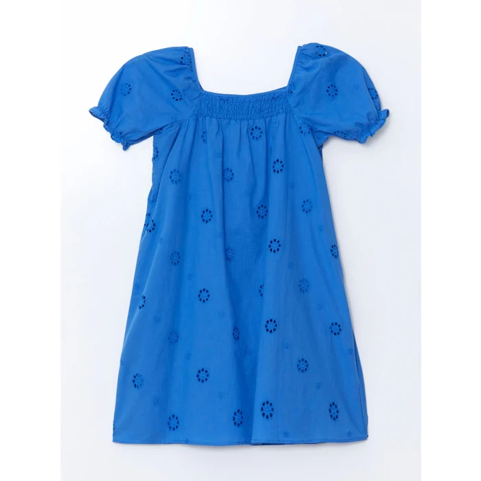 LCW Kids MAVİ Kare Yaka Fisto Detaylı Kız Çocuk Elbise