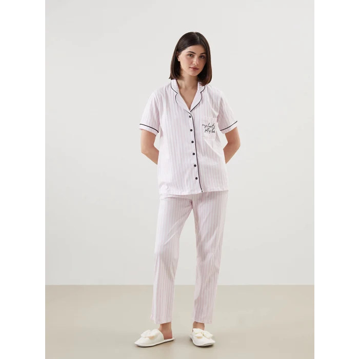 LCW DREAM EKRU Gömlek Yaka Çizgili Kadın Pijama Takımı