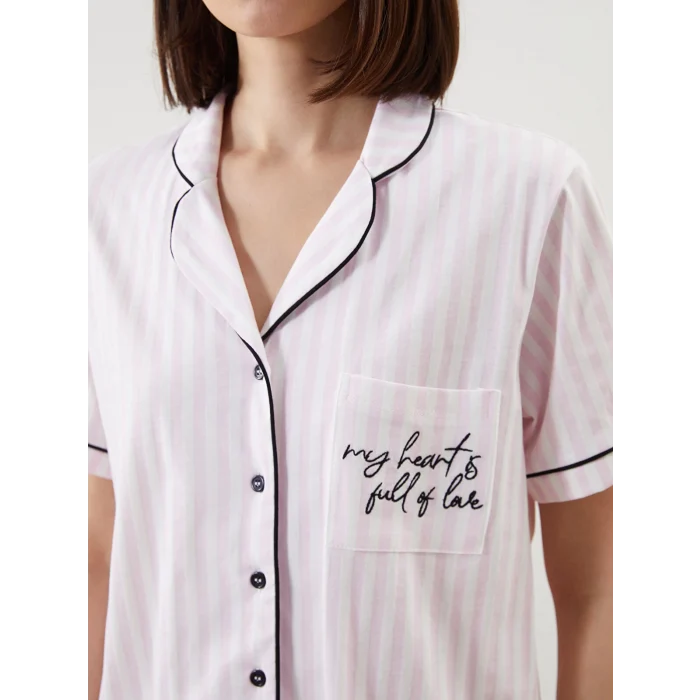 LCW DREAM EKRU Gömlek Yaka Çizgili Kadın Pijama Takımı