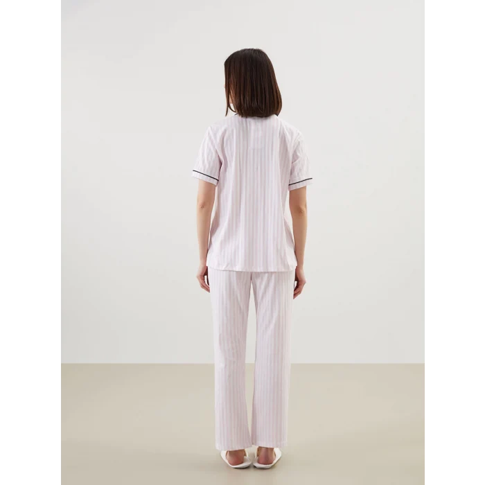 LCW DREAM EKRU Gömlek Yaka Çizgili Kadın Pijama Takımı