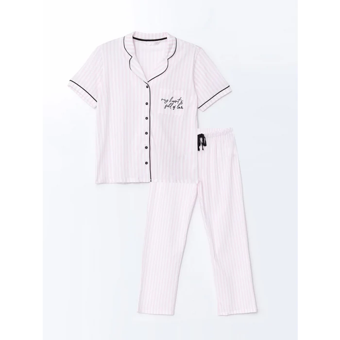 LCW DREAM EKRU Gömlek Yaka Çizgili Kadın Pijama Takımı