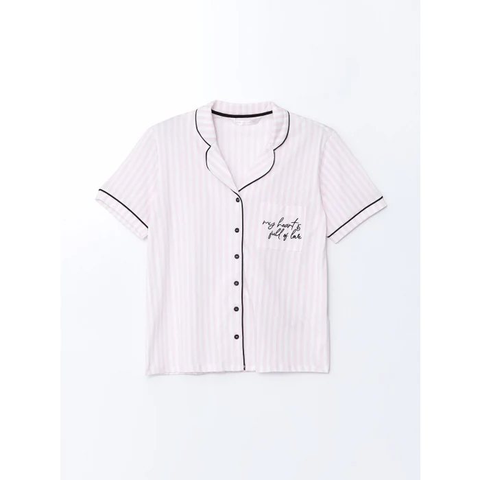 LCW DREAM EKRU Gömlek Yaka Çizgili Kadın Pijama Takımı