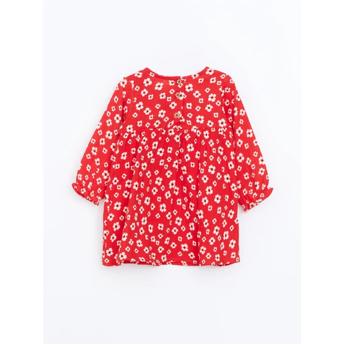 LCW baby KIRMIZI Bisiklet Yaka Uzun Kollu Çiçekli Kız Bebek Elbise