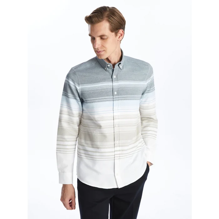 LCWAIKIKI Classic BEJ Regular Fit Uzun Kollu Çizgili Erkek Gömlek