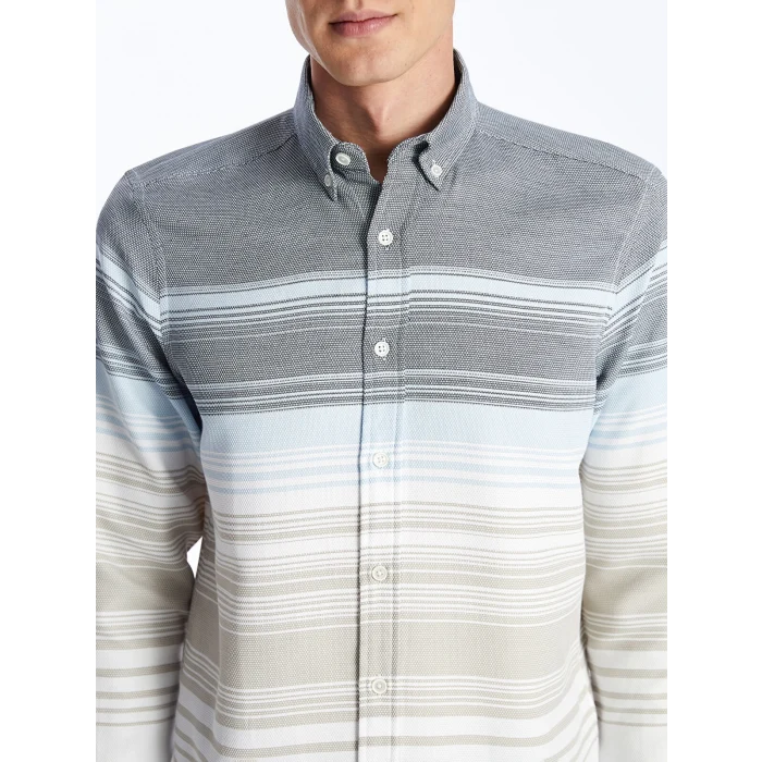 LCWAIKIKI Classic BEJ Regular Fit Uzun Kollu Çizgili Erkek Gömlek