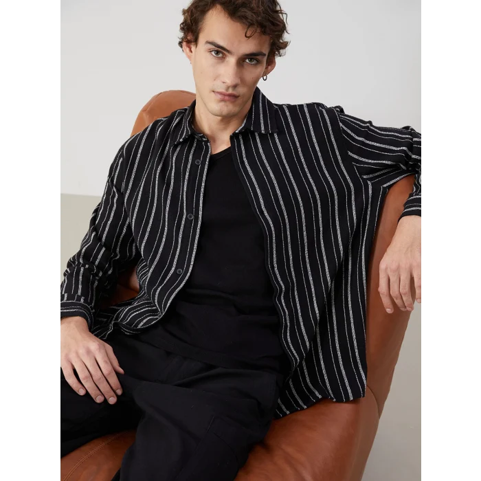 XSIDE SİYAH Regular Fit Uzun Kollu Çizgili Erkek Gömlek
