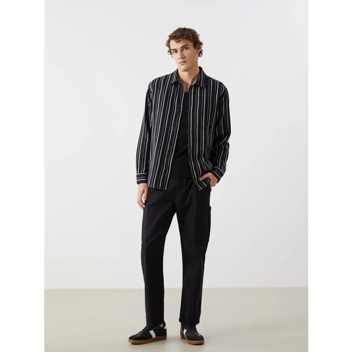 XSIDE SİYAH Regular Fit Uzun Kollu Çizgili Erkek Gömlek